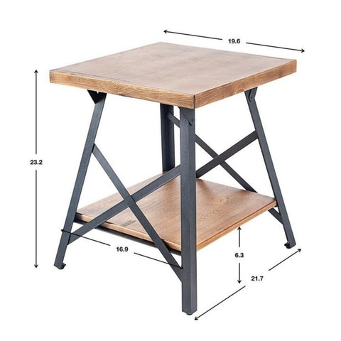 Solid Wood Top & Metal Base Side Table | Industrial Living Room Accent – Oakvello
