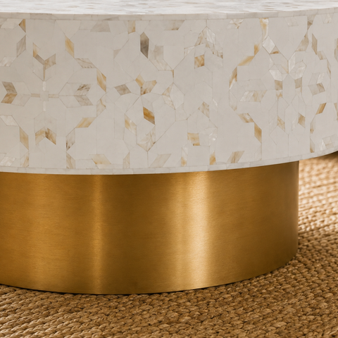 Round Pearl Inlay Coffee Table with Brass Gold Base | 90cm