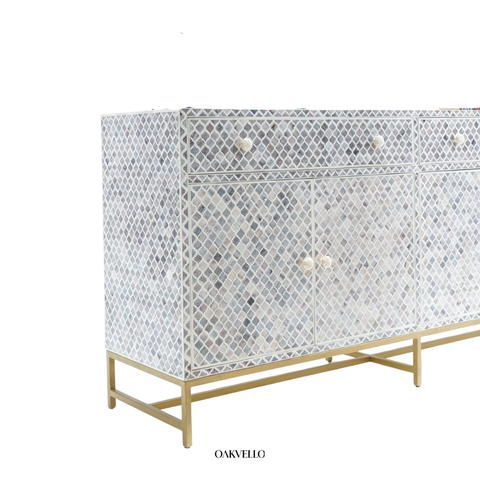 Bone Inlay Moroccan Trellis 4-Door Sideboard – Grey & White