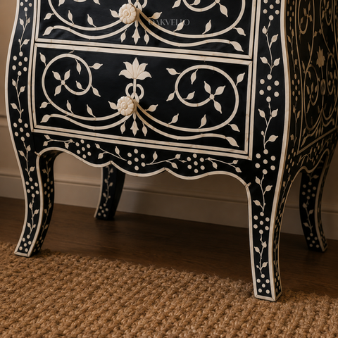 Black Floral Scroll Bone Inlay Bedside Table