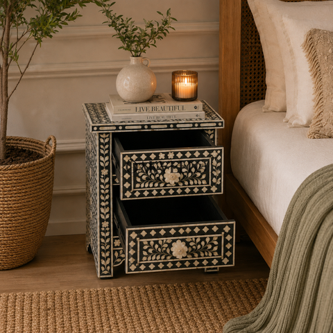 Midnight Bloom Bone Inlay Bedside Table