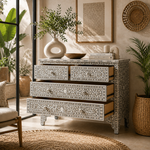 Grey Floral Bone Inlay 4-Drawer Chest of Drawers