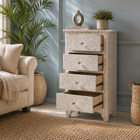 Bone Inlay Floral Tall Chest of Drawers – Grey