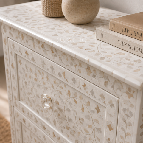 Bone Inlay Floral Chest of Drawers – White