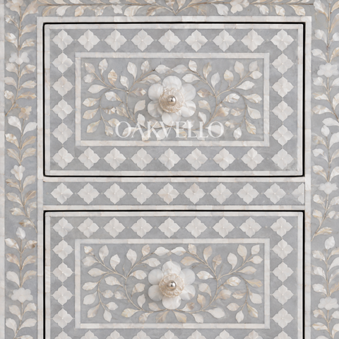 Grey Floral Bone Inlay 2-Drawer Bedside Table