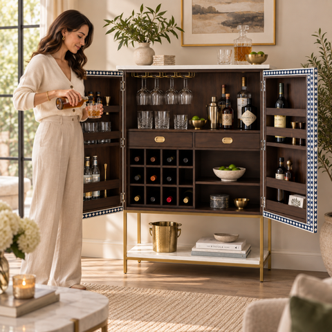 Blue & White Bone Inlay Bar Cabinet with Marble-Effect Top