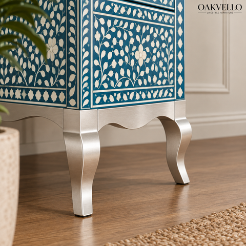 Teal Bone Inlay Glass-Door Bar Cabinet with Cabriole Legs