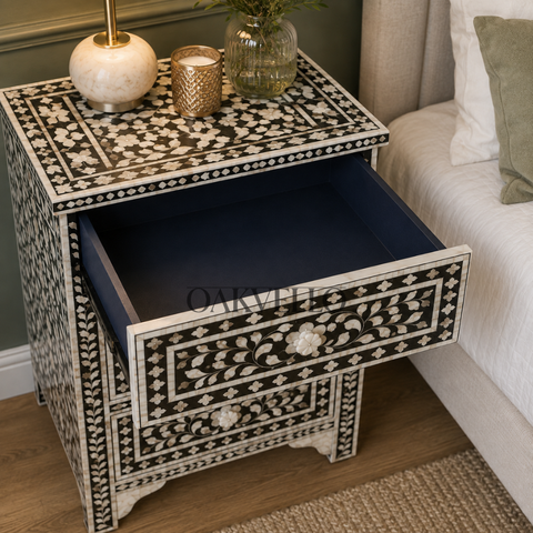 Noir Bloom Bone Inlay Bedside Table
