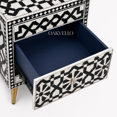 Bone Inlay Geometric Star 2-Drawer Bedside Table – Black & White