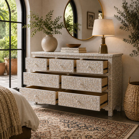 Bone Inlay Floral 7-Drawer Wide Dresser – White