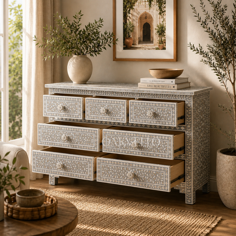 Grey Floral Bone Inlay 7-Drawer Chest of Drawers