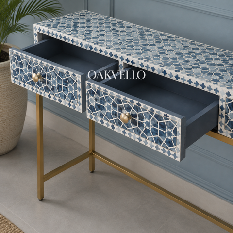 Blue Star Shell Inlay Console Table with Gold Iron Frame