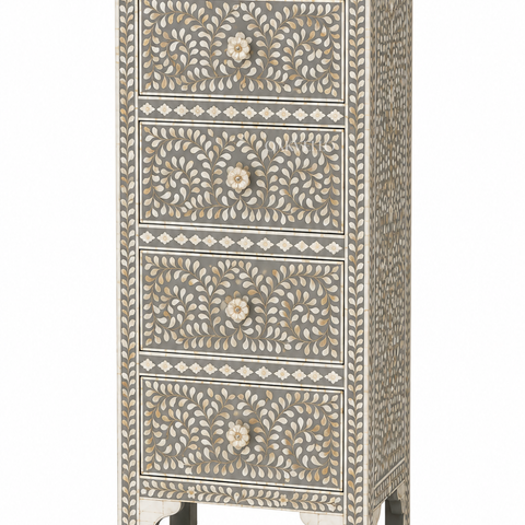 Bone Inlay Floral Slim Tallboy Chest – Grey