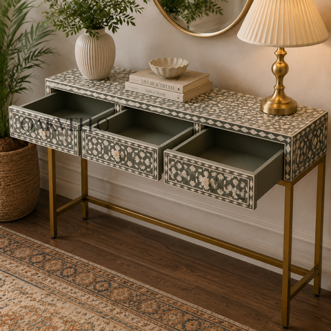 Bone Inlay Floral Medallion 3-Drawer Console Table – Sage Green & White
