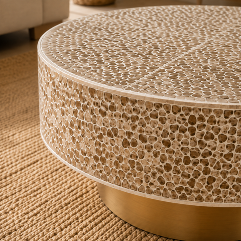 Round Pearl Inlay Coffee Table with Brass Gold Base