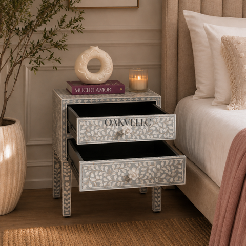 Ivory Floral Bloom Bone Inlay Bedside Table with Double Drawers