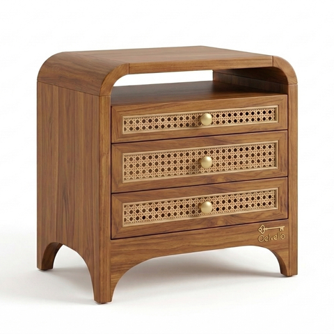 Aethel Teak Wood Cane Bedside Table | Mid-Century Nightstand – Oakvello