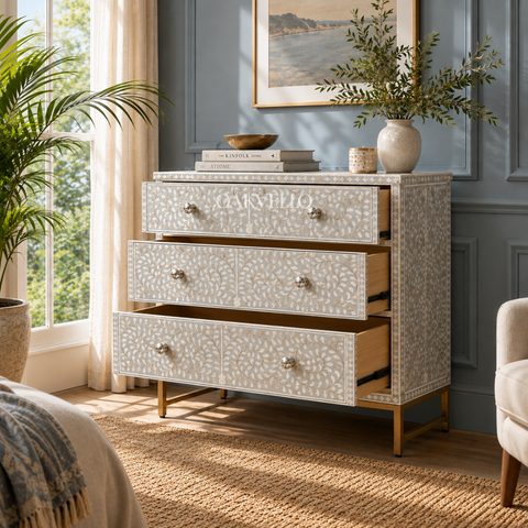 Bone Inlay Floral 3-Drawer Dresser – White & Grey