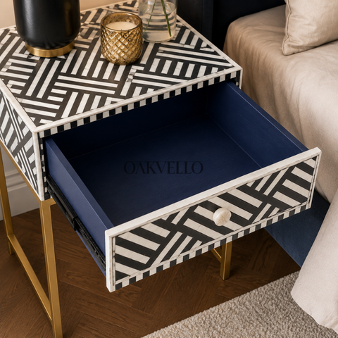 Noir Lattice Bone Inlay Bedside Table with Gold Frame