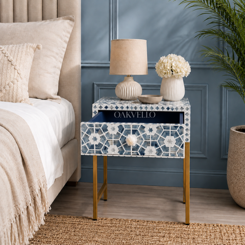 Bone Inlay Bedside Table with Gold Metal Legs – Grey & White Geometric Pattern