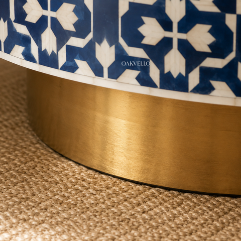 Navy Blue Star & Lotus Bone Inlay Round Coffee Table with Brass Base