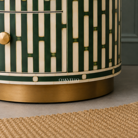 Emerald Lattice Bedside Chest – Bone Inlay Drum Nightstand