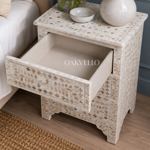 Grey Floral Bone Inlay 2-Drawer Bedside Table – 60 x 40 x 30 cm
