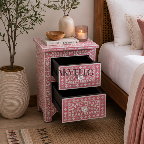 Blush Rose Floral Bone Inlay 2-Drawer Bedside Table