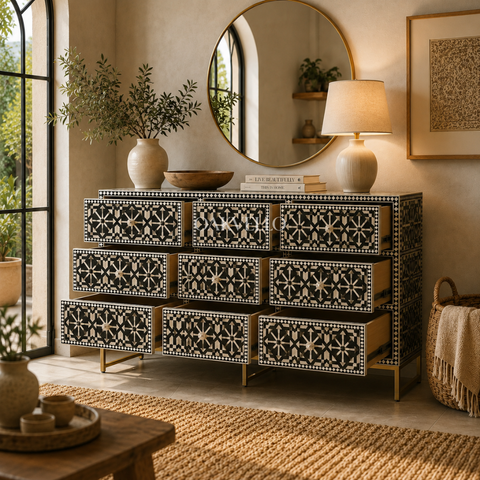 Bone Inlay Geometric 9-Drawer Sideboard – Black & White