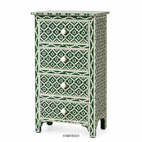 Bone Inlay Geometric Tall Chest of Drawers – Forest Green