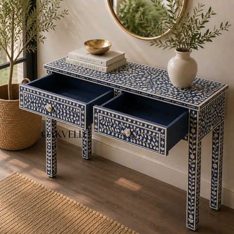 Bone Inlay Floral Console Table – Navy Blue & White