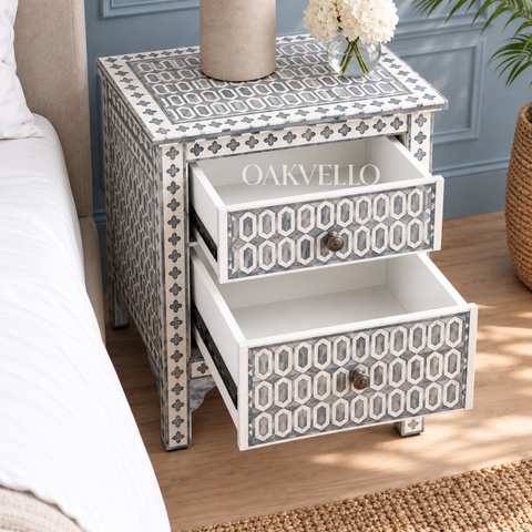 Bone Inlay Geometric 2-Drawer Bedside Table – Grey & White
