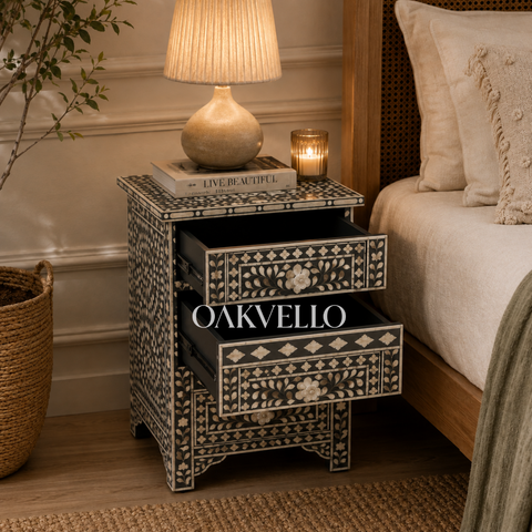 Charcoal Floral Vine Bone Inlay Bedside Table with Three Drawers