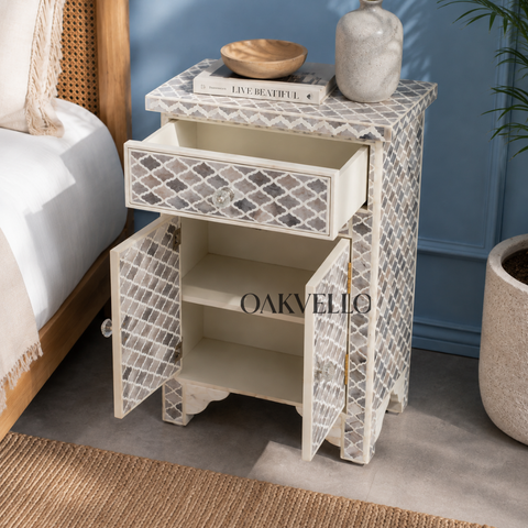 Bone Inlay Moroccan Trellis 1-Drawer 2-Door Bedside Cabinet – Grey & White