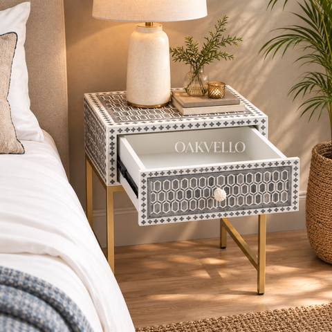 Bone Inlay Geometric Single Drawer Bedside Table with Gold Metal Legs – Grey & White