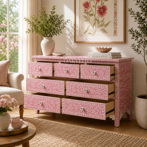 Pink Floral Bone Inlay 7-Drawer Dresser