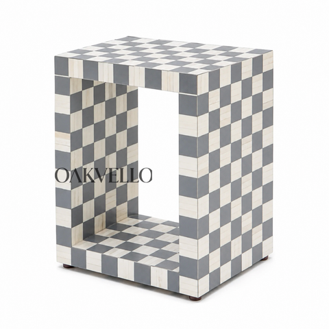 Checkerboard Bone Inlay Open Cube Bedside Table