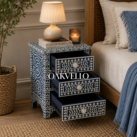 Indigo Garden Floral & Diamond Bone Inlay 3-Drawer Bedside Table