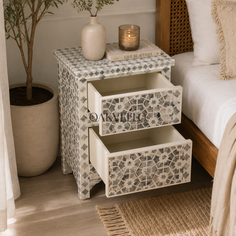 Silver Star Shell Inlay Bedside Table with Double Drawers
