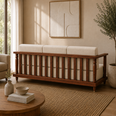 Crest Wood Sofa | Sheesham Wood & Cane 3-Seater Sofa | Oakvello
