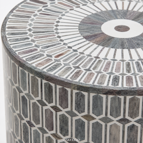 Silver Hex Shell Inlay Drum Side Table