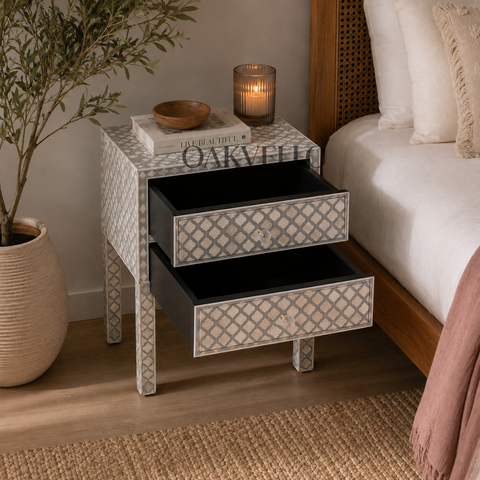 Moroccan Trellis Grey & White Bone Inlay 2-Drawer Bedside Table