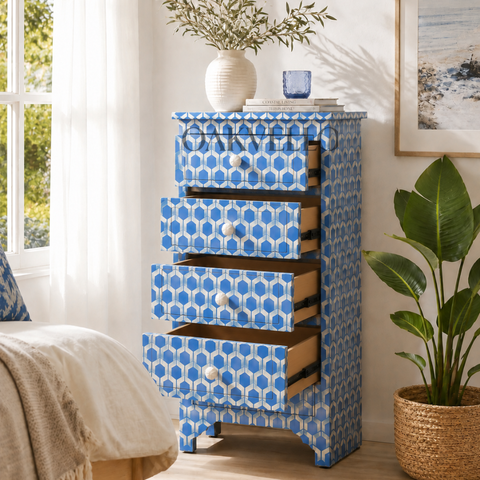 Bone Inlay Honeycomb 5-Drawer Chest of Drawers – Cobalt Blue