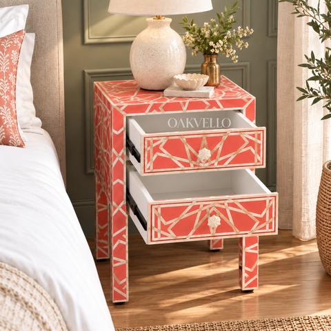 Bone Inlay 2-Drawer Nightstand – Coral Red Trellis & Geometric Pattern