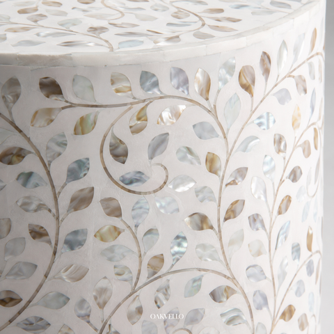 Pearl White Trailing Vine Shell Inlay Round Drum Side Table