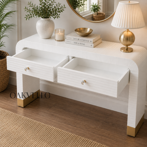 Ivory Bone Inlay Arch Console Table with Gold Brass Feet