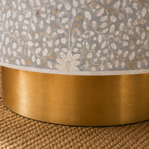 Round Bone Inlay Floral Coffee Table with Brass Gold Base