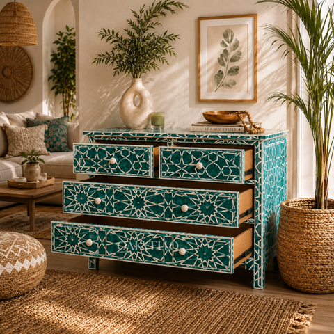 Teal Geometric Bone Inlay 4-Drawer Chest of Drawers