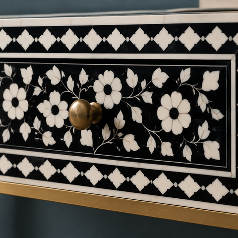Noir Bloom Console Table | Black & White Bone Inlay with Brass Knobs
