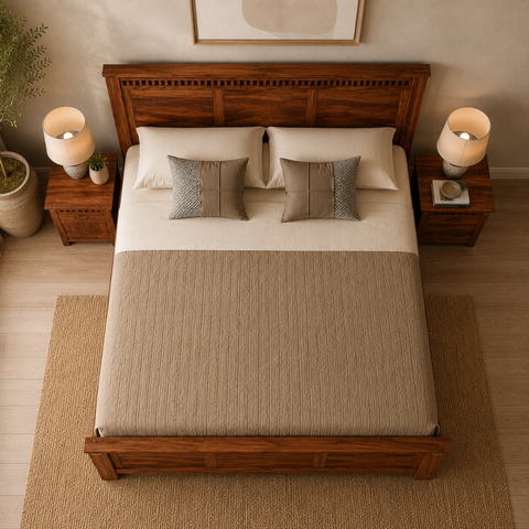 Timber Panel Bed | Solid Mango Wood Bed with Slatted Base | Oakvello